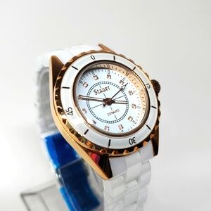 White Stauer Ceramic Watch Rose Gold Accents NWOT